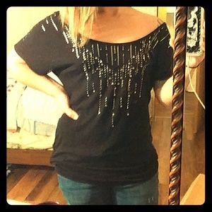 Blingy black open back studded slouchy shirt. 😍😍